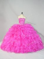 Best Selling Hot Pink Lace Up Strapless Beading and Ruffles Quinceanera Gowns Organza Sleeveless Court Train
