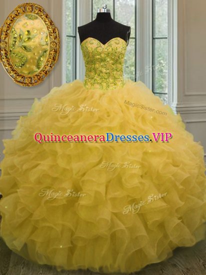 Sweetheart Sleeveless Quinceanera Dresses Floor Length Beading and Ruffles Gold Organza - Click Image to Close