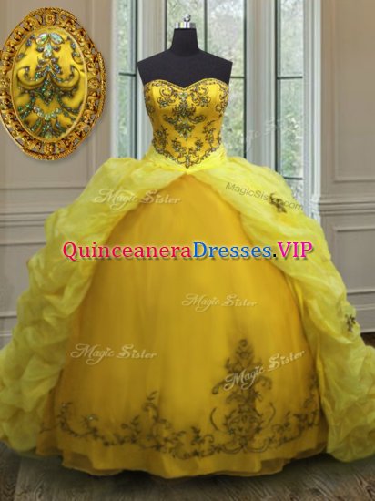 Sophisticated Pick Ups Sweetheart Sleeveless Court Train Lace Up Quinceanera Dress Light Yellow Organza - Click Image to Close