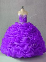 Purple Sleeveless Beading and Pick Ups and Hand Made Flower Floor Length 15th Birthday Dress