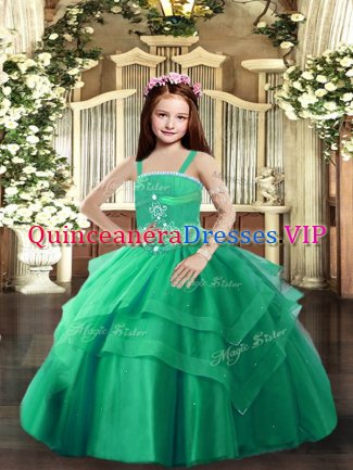 Turquoise Tulle Lace Up Straps Sleeveless Floor Length Girls Pageant Dresses Beading and Ruffled Layers