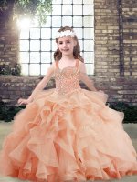 Peach Tulle Side Zipper Little Girl Pageant Gowns Sleeveless Floor Length Beading and Ruffles