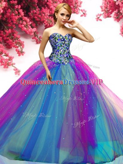 Luxury Sweetheart Sleeveless 15th Birthday Dress Floor Length Beading Multi-color Tulle - Click Image to Close
