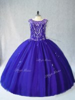 Royal Blue Ball Gowns Beading Ball Gown Prom Dress Lace Up Tulle Sleeveless Floor Length