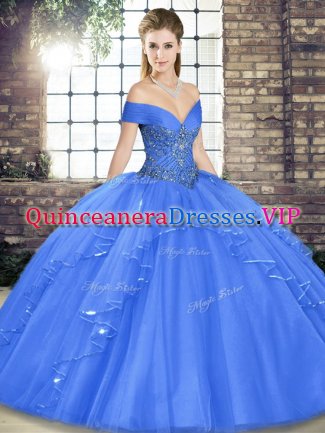 Off The Shoulder Sleeveless Lace Up Sweet 16 Quinceanera Dress Blue Tulle
