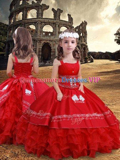 Red Ball Gowns Embroidery and Ruffled Layers Kids Formal Wear Zipper Satin and Organza Sleeveless Floor Length - Click Image to Close