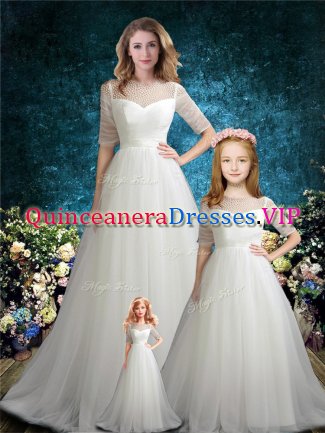 Delicate White Half Sleeves Tulle Brush Train Zipper Quinceanera Dresses for Wedding Party