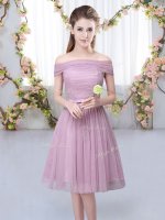 Short Sleeves Knee Length Belt Lace Up Vestidos de Damas with Pink