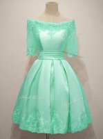 Amazing Knee Length Turquoise Quinceanera Court Dresses Taffeta Half Sleeves Lace(SKU SWBD150-1BIZ)