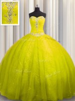 Sequined Yellow Sleeveless Court Train Beading and Appliques 15 Quinceanera Dress