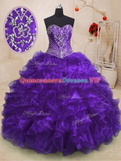 Purple Organza Lace Up Sweetheart Sleeveless With Train 15 Quinceanera Dress Sweep Train Beading and Ruffles - Click Image to Close