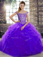 Purple Lace Up 15th Birthday Dress Beading and Ruffles Sleeveless Brush Train