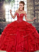 Popular Red Ball Gowns Halter Top Sleeveless Tulle Floor Length Lace Up Beading and Ruffles Sweet 16 Quinceanera Dress(SKU SJQDDT2109002-1BIZ)