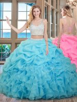 Pretty Pick Ups Two Pieces Ball Gown Prom Dress Baby Blue V-neck Organza Sleeveless Floor Length Zipper