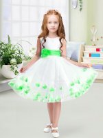 White A-line Appliques and Belt Girls Pageant Dresses Zipper Tulle Sleeveless Knee Length