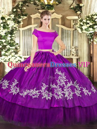 Attractive Organza and Taffeta Off The Shoulder Short Sleeves Zipper Embroidery Quinceanera Dresses in Purple