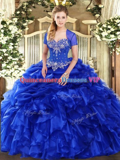 Royal Blue Lace Up Sweetheart Beading and Ruffles and Pick Ups Ball Gown Prom Dress Organza Sleeveless - Click Image to Close