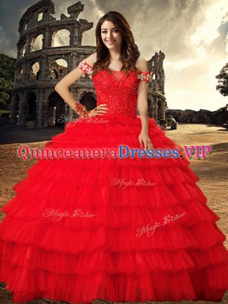 Beautiful Red Tulle Lace Up Off The Shoulder Sleeveless With Train Vestidos de Quinceanera Chapel Train Beading and Ruffled Layers