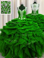 Sexy See Through Back Sleeveless Zipper Floor Length Beading and Ruffles and Sequins and Pick Ups Quinceanera Dress