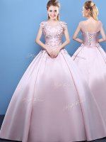 Ball Gowns 15th Birthday Dress Pink Scoop Satin Cap Sleeves Floor Length Lace Up