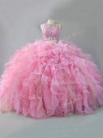 Trendy Pink Sleeveless Beading and Ruffles Floor Length Sweet 16 Quinceanera Dress