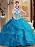 Best Blue Halter Top Neckline Beading and Ruffles Ball Gown Prom Dress Sleeveless Lace Up