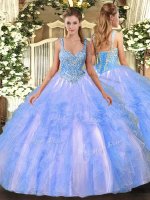 Fitting Straps Sleeveless Tulle Ball Gown Prom Dress Beading and Ruffles Lace Up
