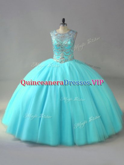 Classical Aqua Blue Organza Lace Up Scoop Sleeveless Sweet 16 Dresses Beading - Click Image to Close
