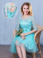 Scoop Aqua Blue Tulle Lace Up Quinceanera Court of Honor Dress Half Sleeves Knee Length Lace and Appliques and Bowknot