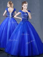 V-neck Short Sleeves 15 Quinceanera Dress Floor Length Lace and Appliques Royal Blue Organza