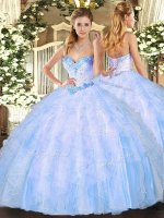 Light Blue Lace Up Quince Ball Gowns Beading and Ruffles Sleeveless Floor Length