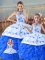 Charming Blue And White Sleeveless Court Train Embroidery and Ruffles Floor Length Sweet 16 Quinceanera Dress