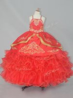 Sleeveless Organza Floor Length Lace Up Little Girl Pageant Dress in Red with Embroidery and Ruffled Layers(SKU PSSWLG085BIZ)