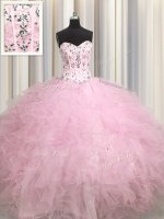 Simple Visible Boning Beading and Appliques and Ruffles Vestidos de Quinceanera Baby Pink Lace Up Sleeveless Floor Length