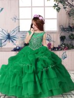 Green Ball Gowns Organza Scoop Sleeveless Beading and Pick Ups Floor Length Zipper Pageant Gowns For Girls