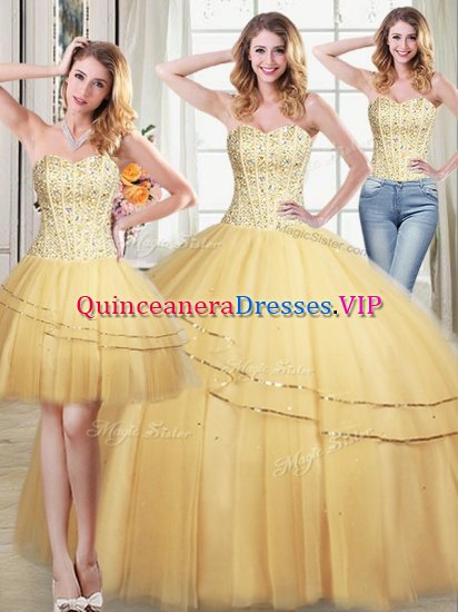 Fantastic Three Piece Gold Ball Gowns Tulle Sweetheart Sleeveless Beading and Sequins Floor Length Lace Up 15th Birthday Dress - Click Image to Close