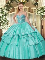 Top Selling Sleeveless Floor Length Beading and Ruffled Layers Lace Up Quinceanera Gowns with Apple Green