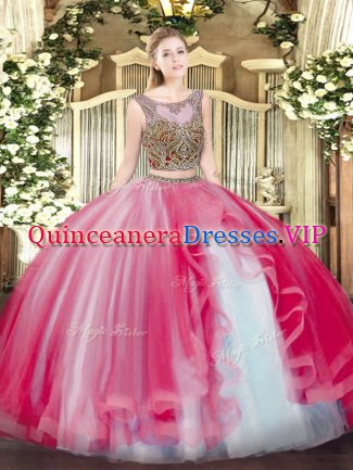 Coral Red Scoop Neckline Beading and Ruffles Sweet 16 Quinceanera Dress Sleeveless Lace Up
