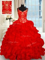 Pick Ups Spaghetti Straps Sleeveless Brush Train Lace Up Quinceanera Dresses Red Organza