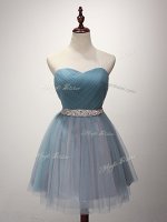 Dazzling Sweetheart Sleeveless Court Dresses for Sweet 16 Mini Length Beading and Ruching Light Blue Tulle