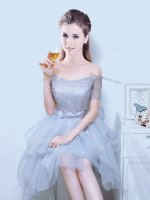 Fashionable Off the Shoulder Lace and Ruffles and Bowknot Vestidos de Damas Grey Lace Up Short Sleeves Asymmetrical