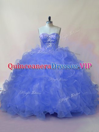 Blue Beading and Ruffles Vestidos de Quinceanera Lace Up Organza Sleeveless Floor Length