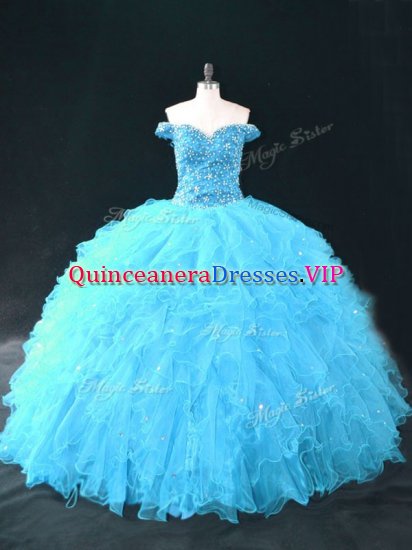 Deluxe Aqua Blue Off The Shoulder Neckline Beading and Ruffles Quince Ball Gowns Sleeveless Lace Up - Click Image to Close