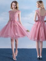Scoop Pink Lace Up Dama Dress for Quinceanera Appliques and Belt Cap Sleeves Knee Length(SKU BMT0264BIZ)