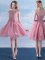 Scoop Pink Lace Up Dama Dress for Quinceanera Appliques and Belt Cap Sleeves Knee Length