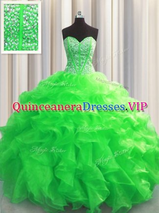 Visible Boning Green Sleeveless Organza Lace Up Ball Gown Prom Dress for Military Ball and Sweet 16 and Quinceanera