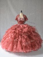 Red Lace Up Strapless Beading and Ruffles Quinceanera Dresses Sleeveless