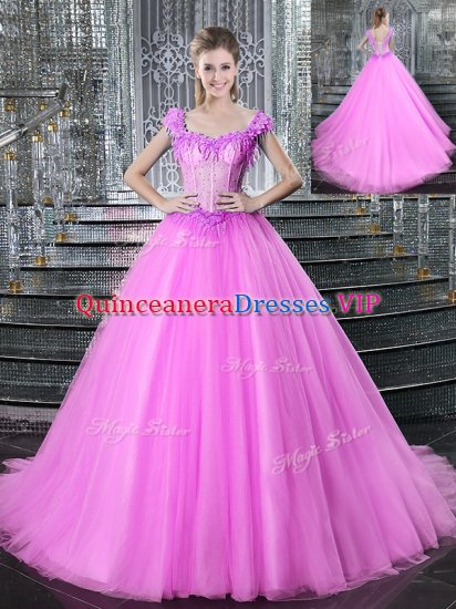 Fantastic Straps With Train Lace Up Vestidos de Quinceanera Fuchsia for Military Ball and Sweet 16 and Quinceanera with Beading and Appliques Brush Train - Click Image to Close