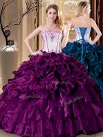 Affordable Purple Ball Gowns Organza Strapless Sleeveless Pick Ups Floor Length Lace Up Quinceanera Dresses(SKU YYPJ0110BIZ)