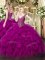 Low Price Fuchsia V-neck Neckline Beading and Ruffles Quinceanera Dress Sleeveless Lace Up